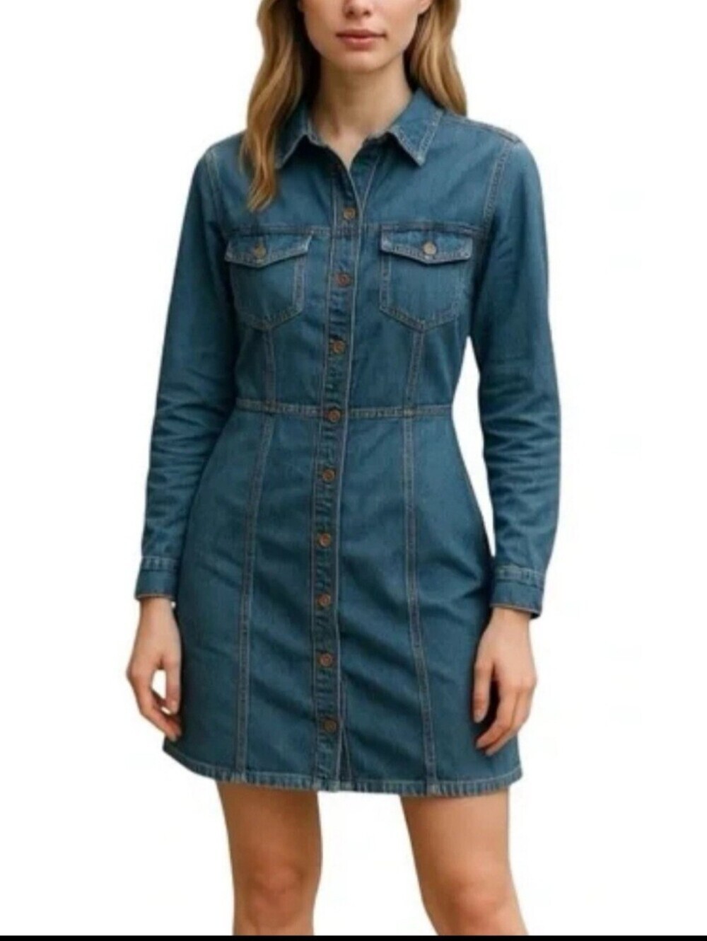 Frye Classic Blue Denim Button-Front Long Sleeve Dress-Size XS
